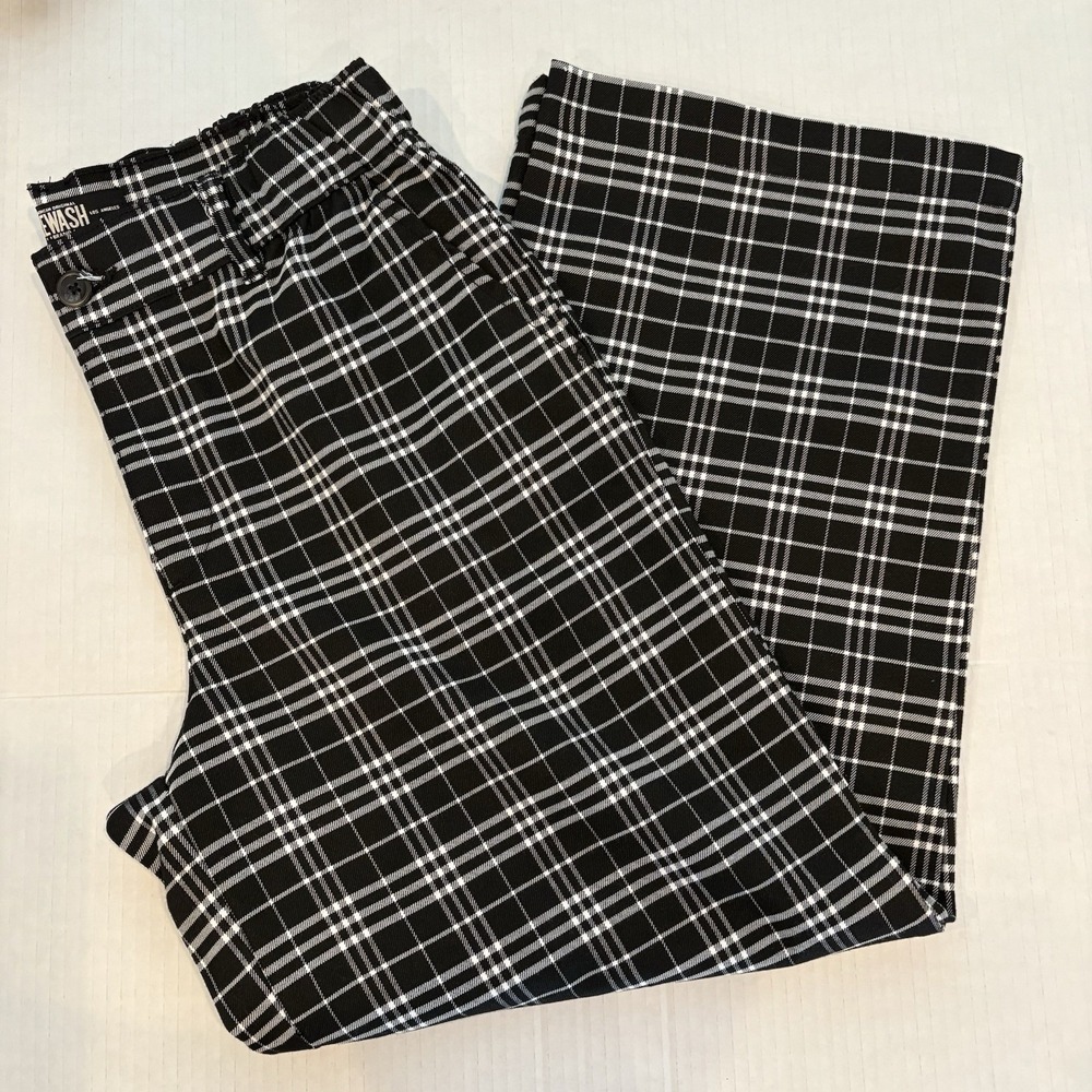 REWASH Plaid Pants Black / White Wide Leg Women Size Small EUC Stretchy‎ Comfort